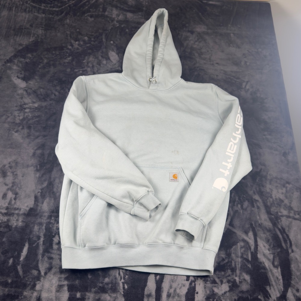 Carhartt Hoodie Mens Large Light Blue Graphic Sleeve K288 H13 Hooded Sweatshirt